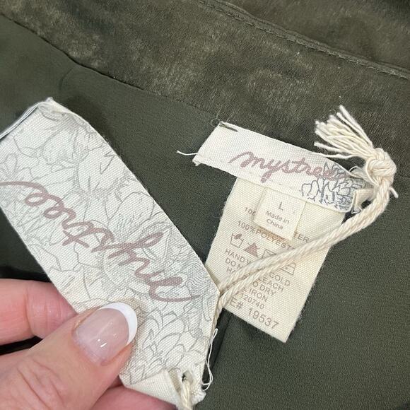 Mystree Skirt size Large Olive Green Satin Midi A Line Modest Church Casual Slim - Picture 11 of 11